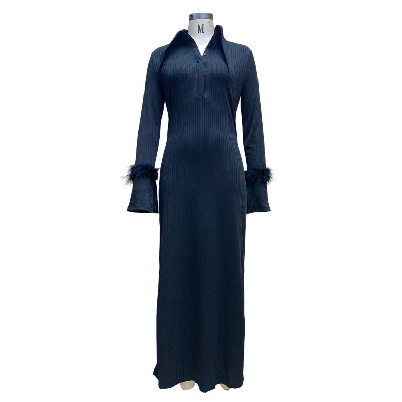 GMXIA Dámská móda Podzim Zima Jednobarevný potisk Dlouhý rukáv POLO Výstřih Neformální šaty s vysokým pasem