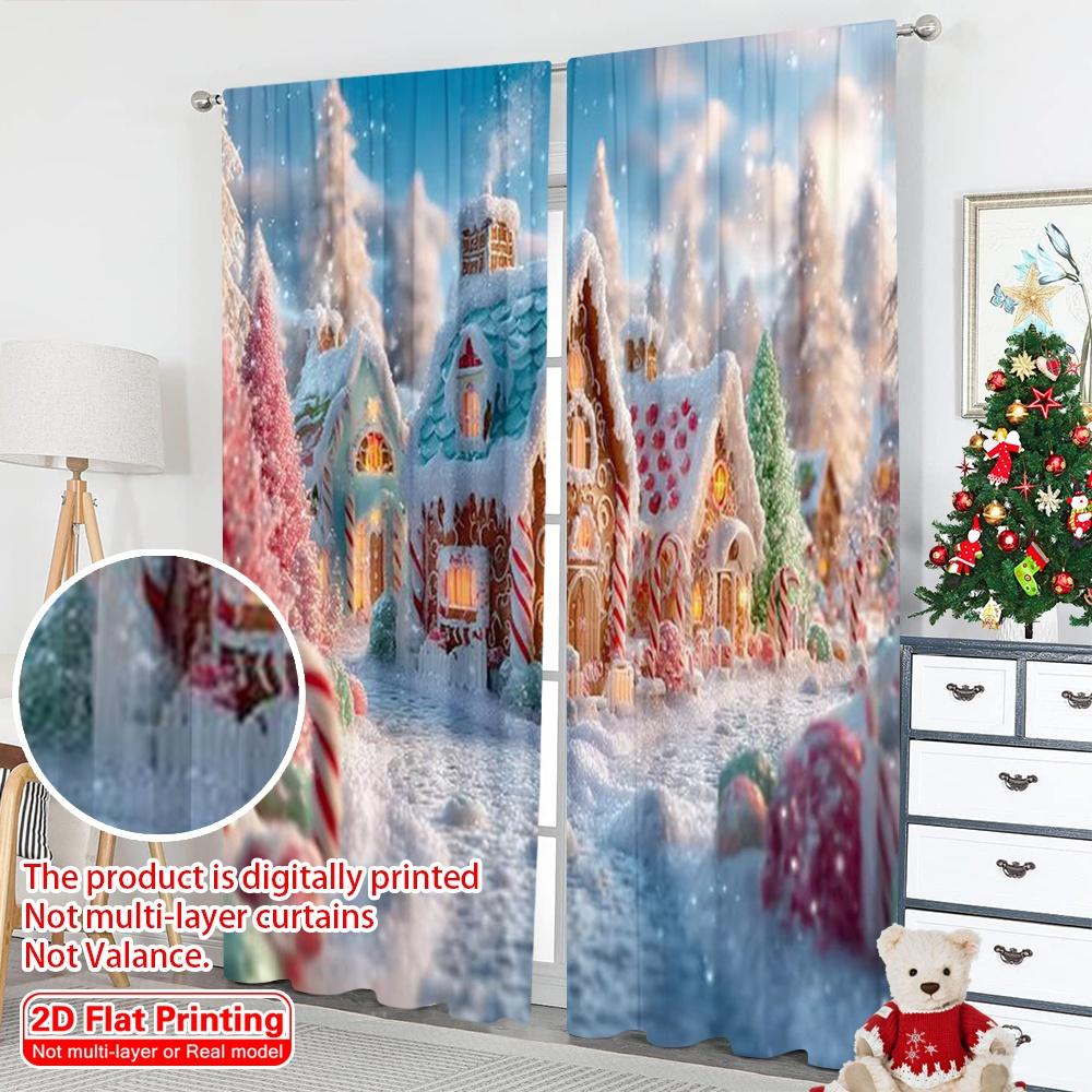 2pcs 2D flat printing Merry Christmas Popular Party Window Curtains Red Candy Village Fabric Without Electricity Festive