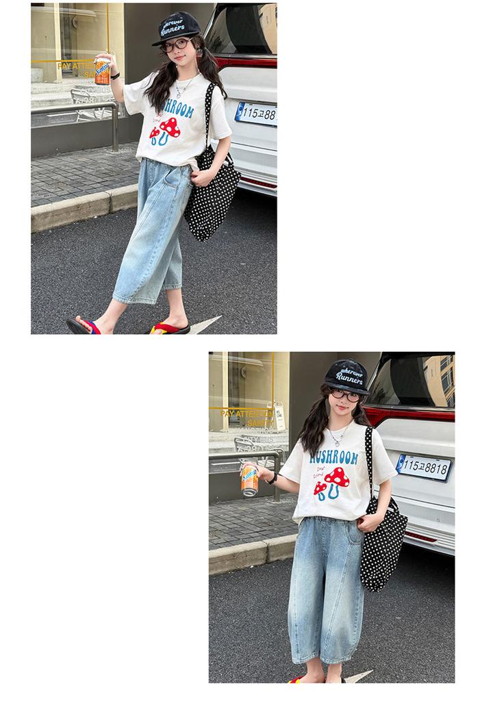 Girls' Summer Korean Casual Short Sleeved T-shirt Set for Girls, Adults, Middle School Students, Thin Summer Clothes, Children's Denim Shorts
