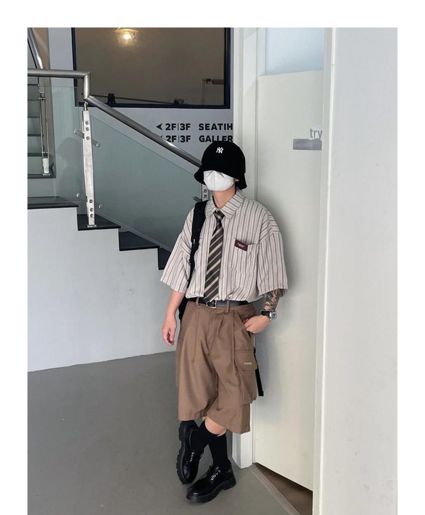 2023 Summer Unisex Japanese Retro Striped Lapel Short-Sleeve Trendy Shirt