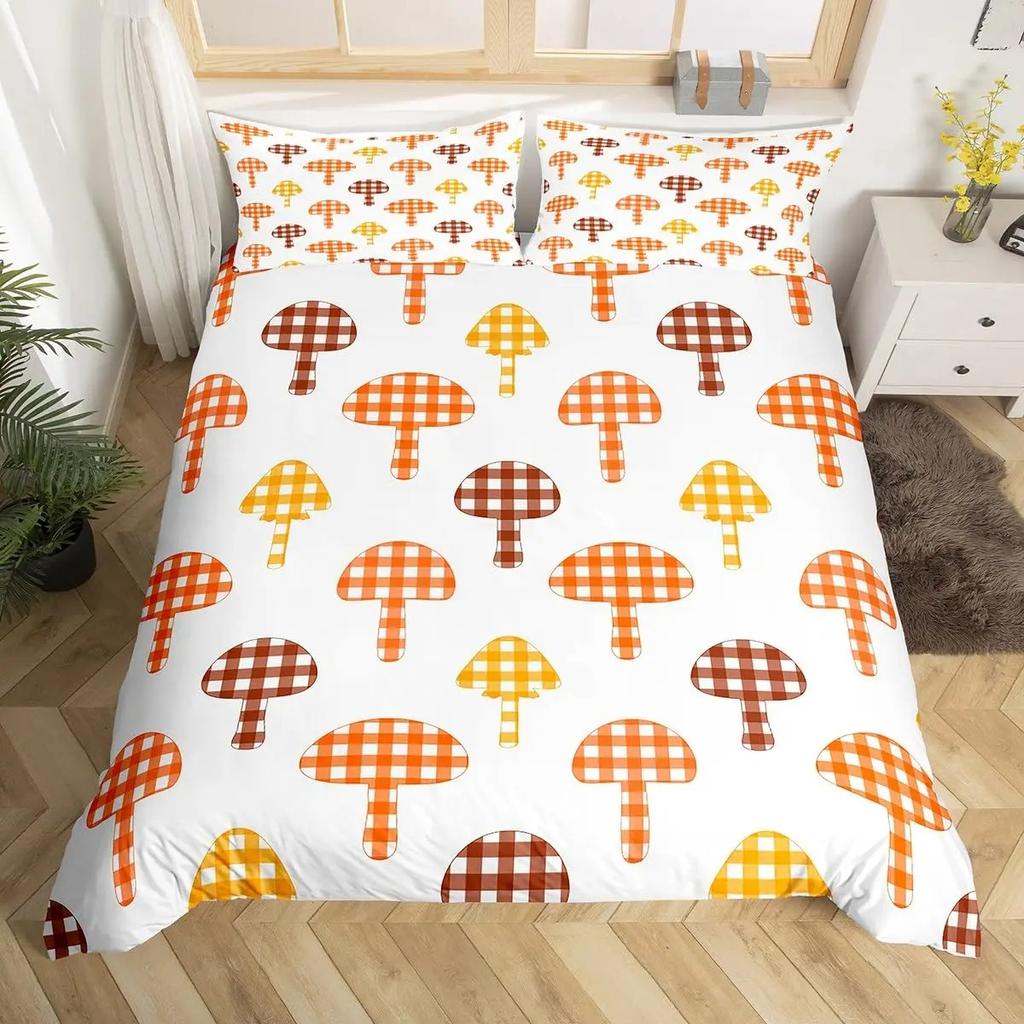 Red Mushroom Kawaii Comforter Set Twin Size Kids Bedding Botanical Plant Print Quilt for Boys Girls Adults