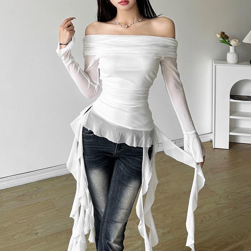 European and American Style Summer New Women's Clothing Solid Color Slim Street Fashion One-word Collar Long-sleeved Backless T-shirt