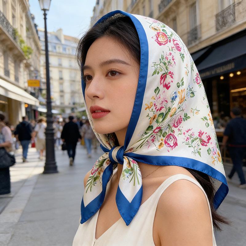 Silky Square Scarf Floral Print Headscarf Neck Scarf Bandana For Women Fashion Travel Daily Use