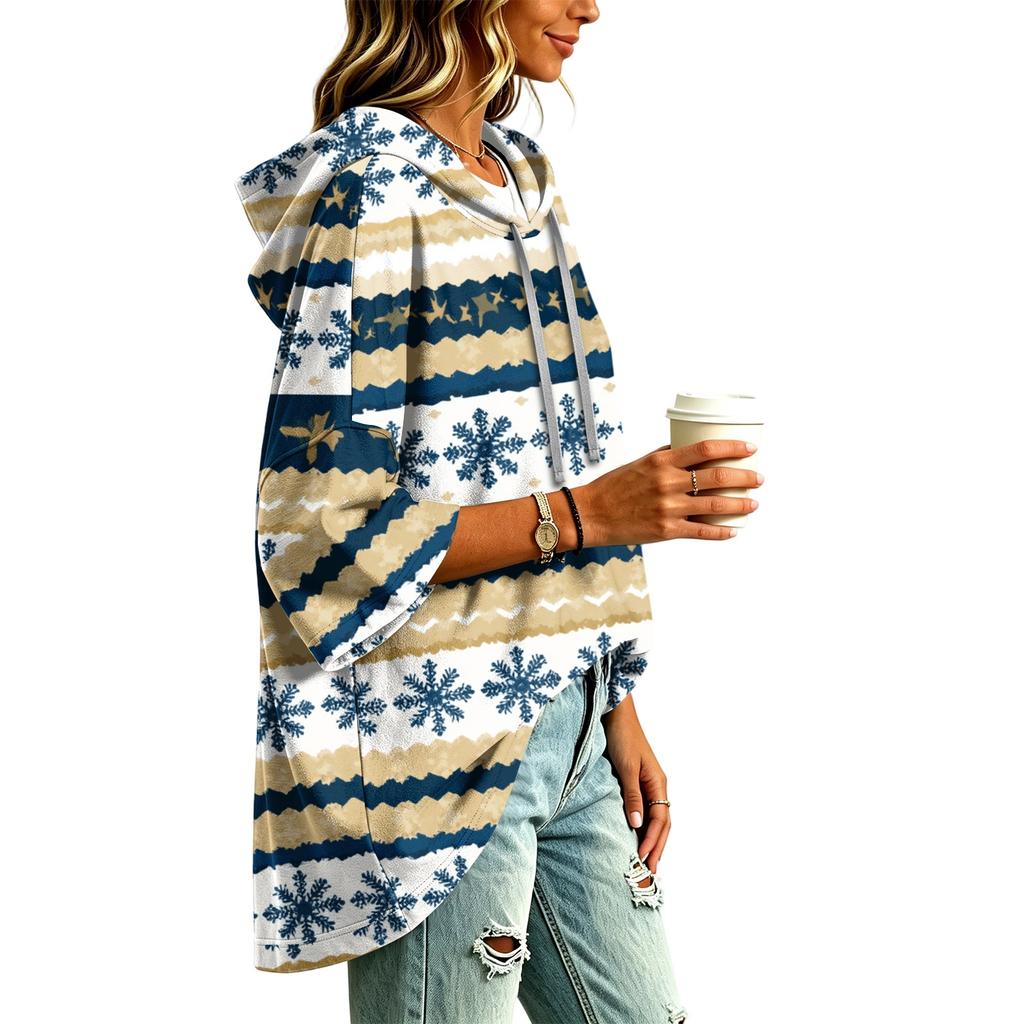 Women's 3/4 Sleeve Christmas Print Hooded Pullover Top Casual Holiday Outfit