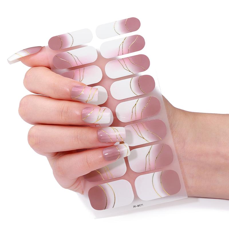 16Tips French Full Cover Nail Stickers DIY Nail Polish Strips Gold Lines Self Adhesive Nail Art Stickers Manicure Decoration
