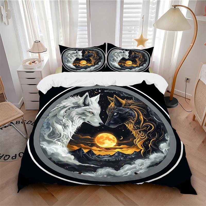 3pcs Yin Yang Wolves Printed Quilt Set - Includes 1 Quilt Cover and 2 Pillowcases, Machine Washable - Suitable for All Seasons.J105