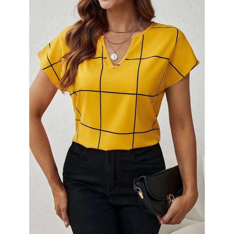 

Женский летний свободный повседневный топ с V-образным вырезом и коротким рукавом в полоску с модным принтом M золотой