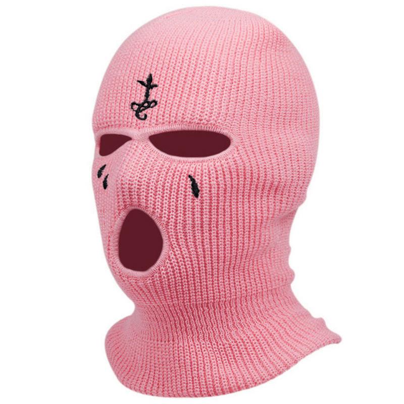Cross Embroidery Ski Mask Winter Balaclava Hat 3-Hole Knitted Full Face Cover Neck Gaiter Warm Beanie For Outdoor Sport