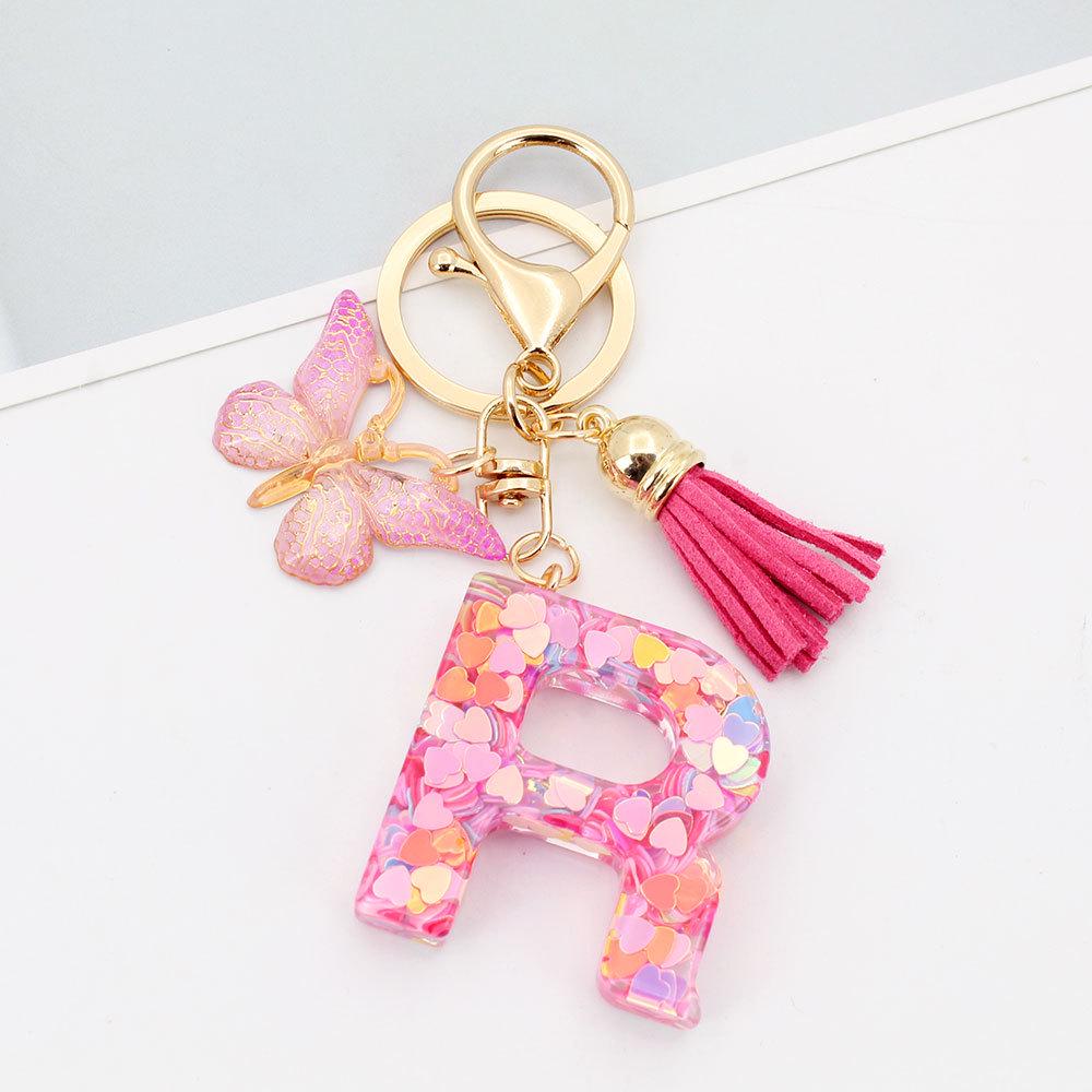 Pink Butterfly Tassel & Resin Sequin Letter Keychain - Backpack Charm for Women