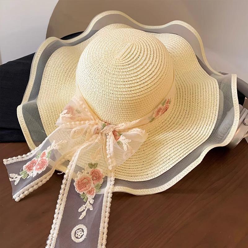 Lace Bow Straw Hat Women's Summer French Large Brim Sunscreen Hat Seaside Beach Vacation Sun Hat
