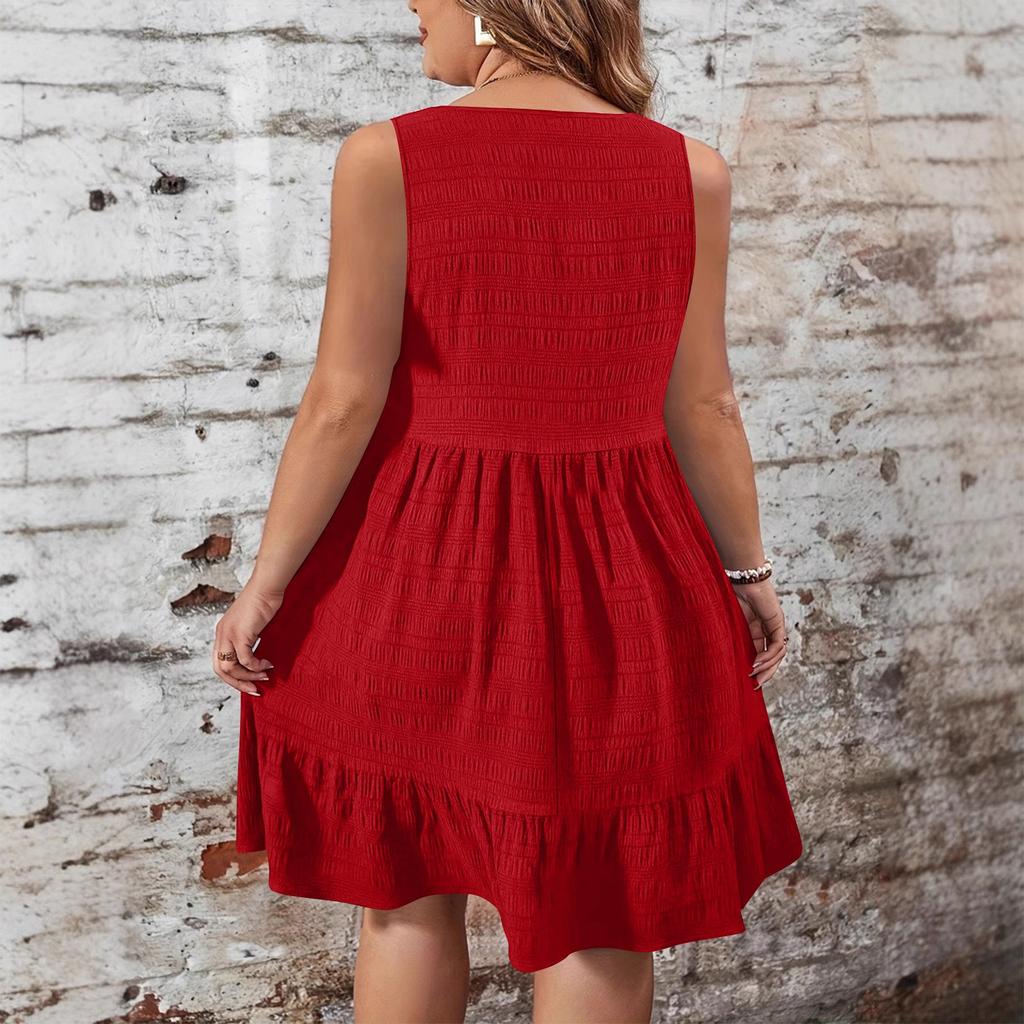 Damen Sommer Mode Farbe Große Größen Rundhals Rüschensaum Weste Lockeres Kleid