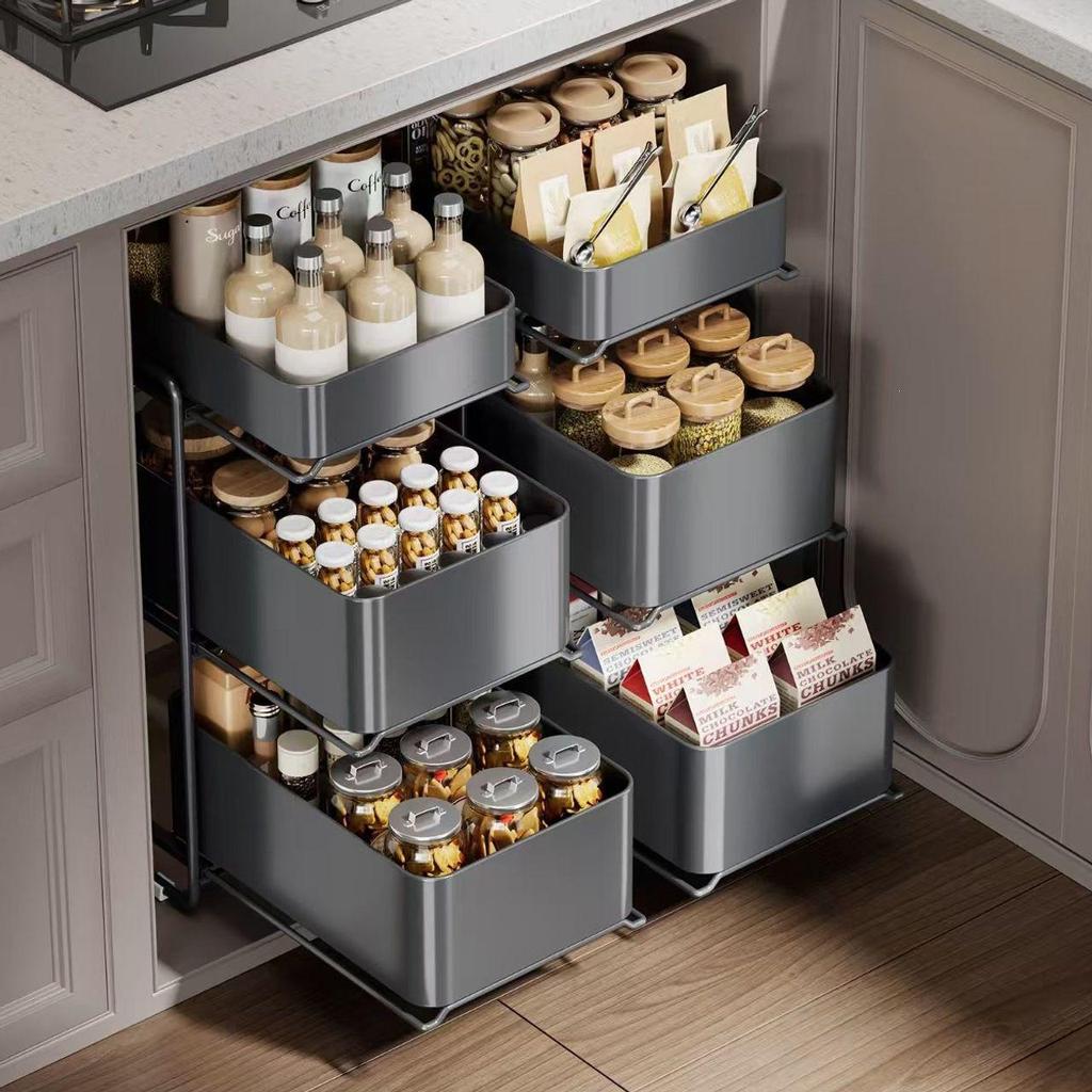 Multi-layer Kitchen Cabinet Pull-out Rack: Multi-functional Organizer & Seasoning Shelf