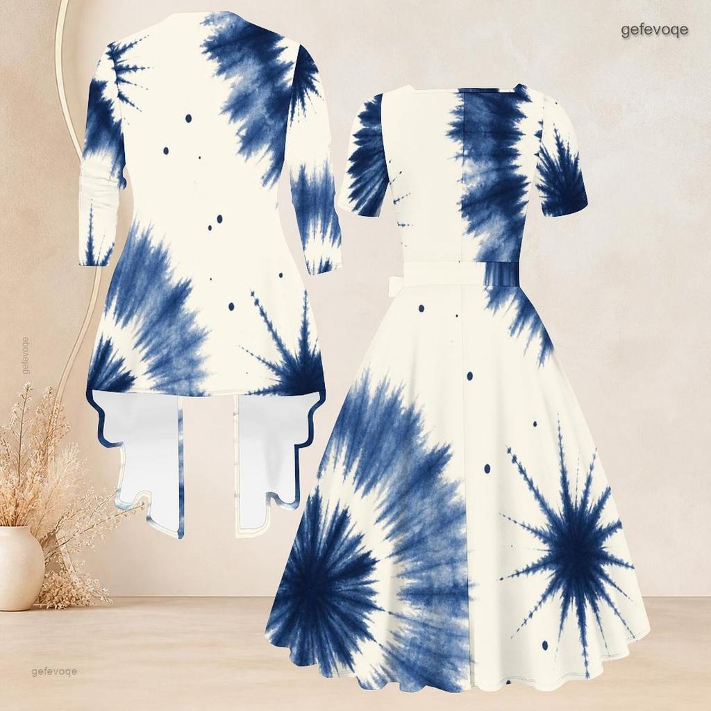 Women Plus Size Two Piece Set Square Neck Short Sleeve Tie Waist Printed Flared Dress 3 4 Sleeve Open Cardigan Blue White