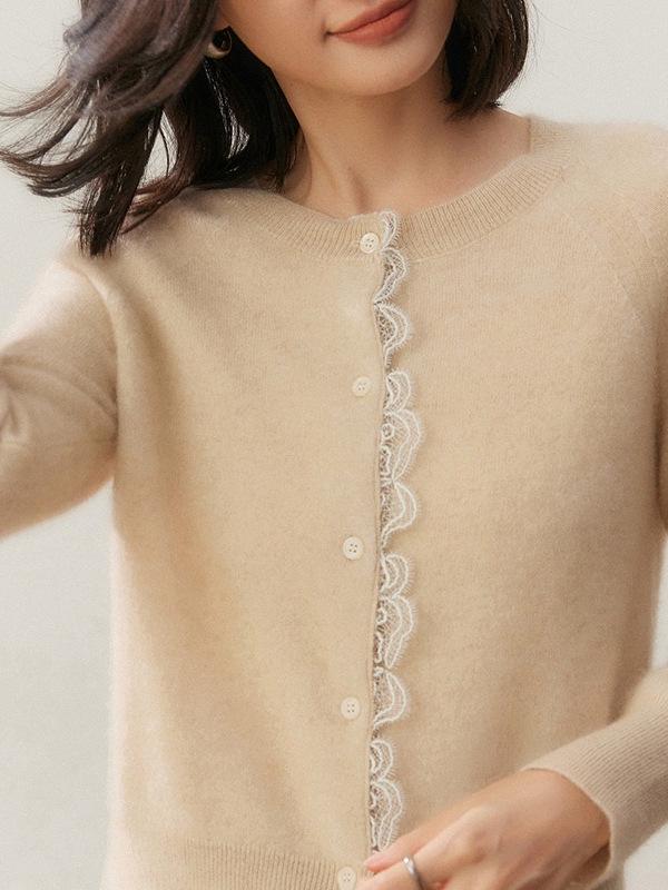 Women's Autumn Cashmere Round Neck Lace Knit Cardigan Sweater - Korean Style, Solid Color, Outerwear Option