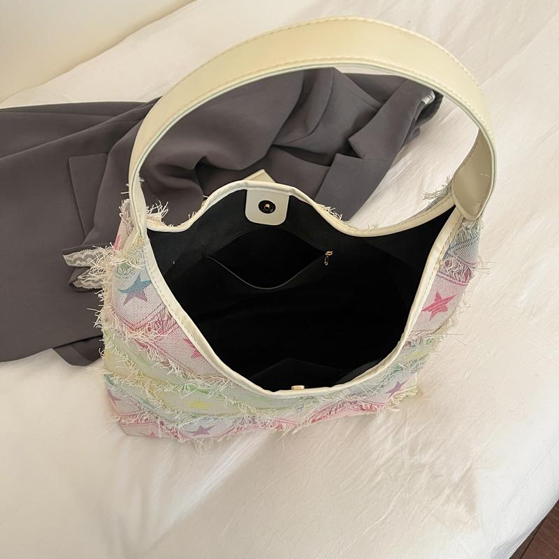 Star Print Frayed Denim Tote Bag Large Capacity Casual Shoulder Handbag for Women