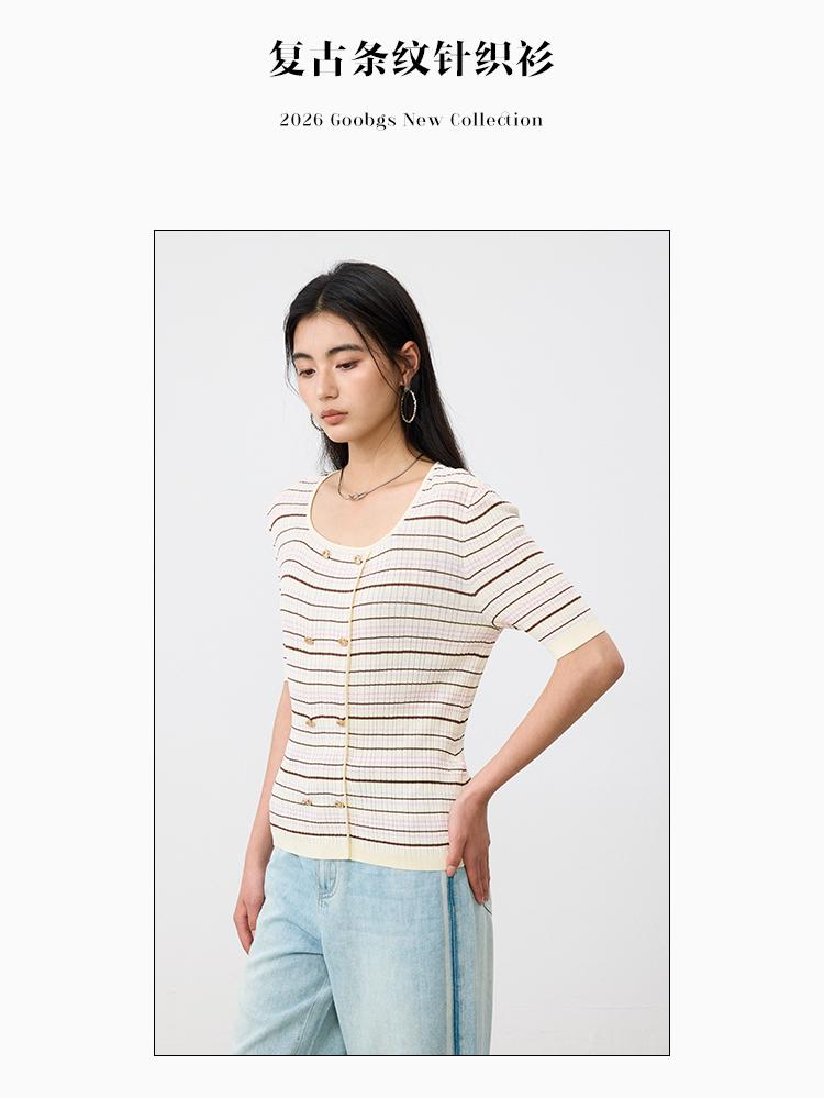 Square Collar Striped Knitted Sweater for Women In the Summer of 2026, Double Breasted Slim Fit and Slimming, Mid Sleeve Style Base Top