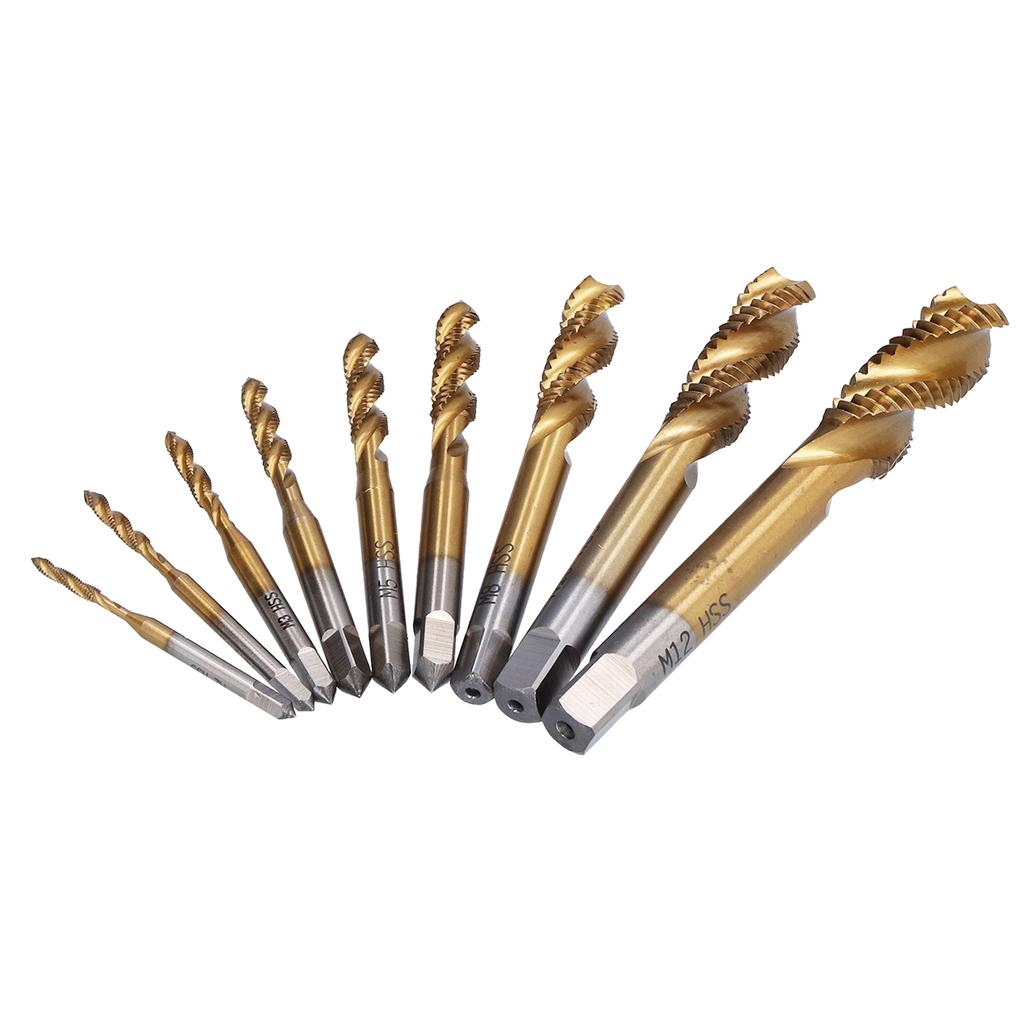 Spiral Flute Tap Set Ti Coated HSS Screw Thread Tapping Hand Tool Hardware 9 Sizes M2‑M12