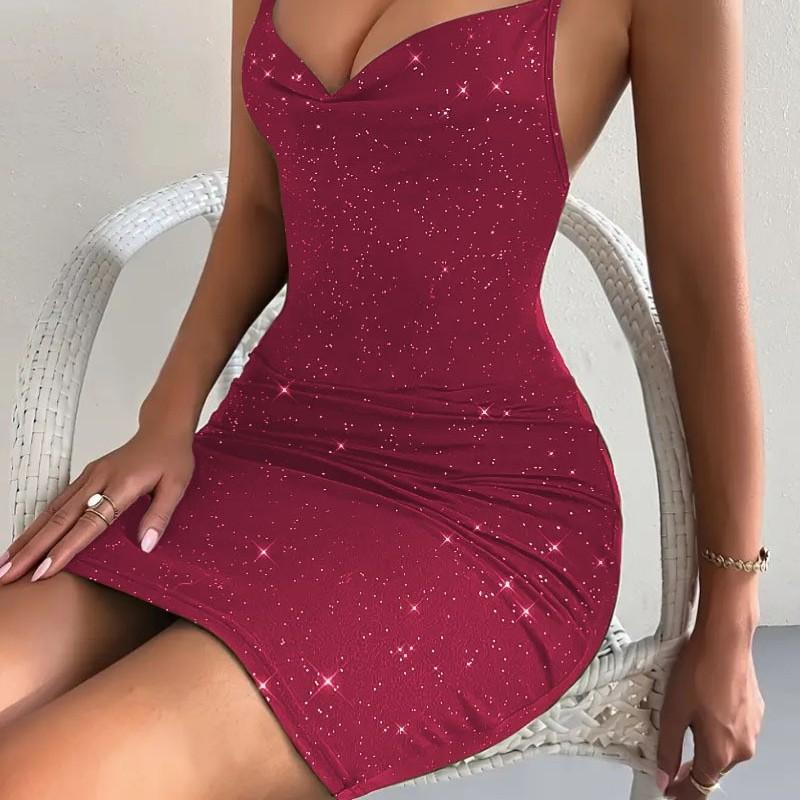 New solid color V-neck bronzing sexy temperament slim cross shoulder strap dress women