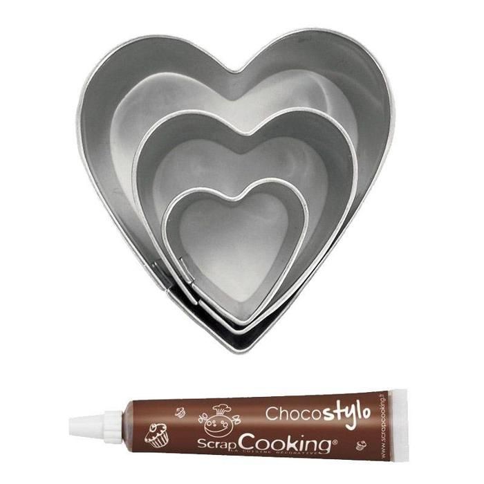 Chocolate Pen + 3 Mini Stainless Steel Heart Cookie Cutters