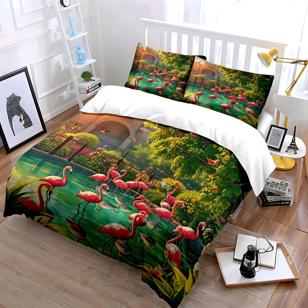 Tropical Flamingo Landscape Decoration Set Soft Comfortable Duvet Cover Bedding Set Included 1*Duvet Cover & 2*Pillowcases,Gift
