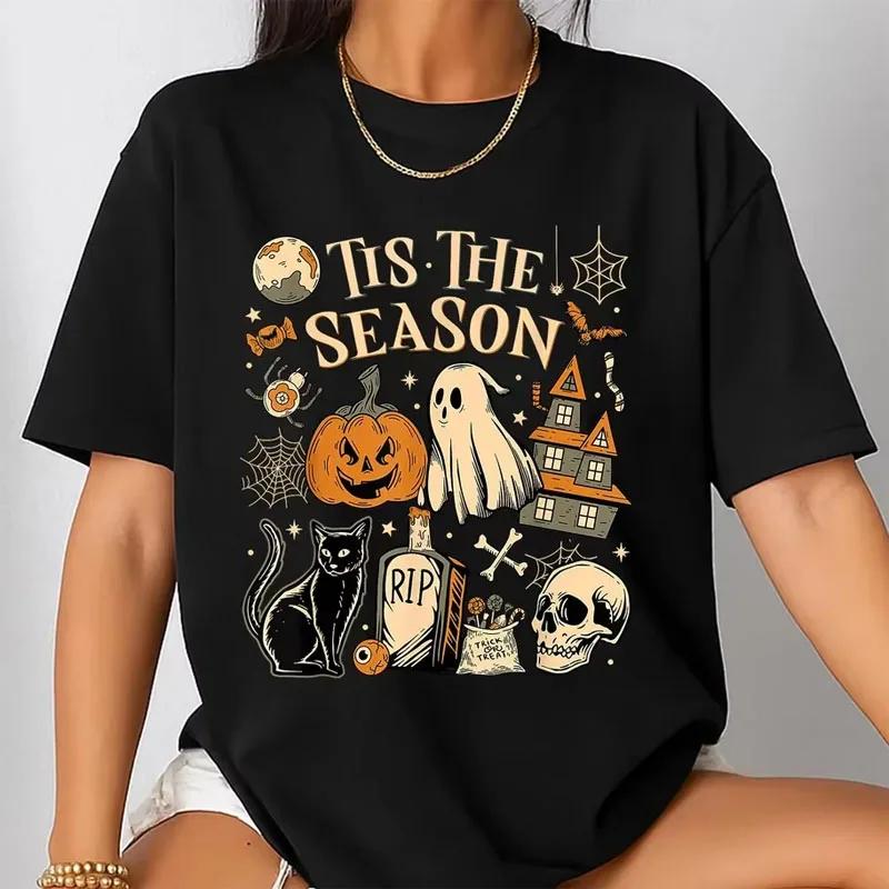 Women's vintage-style Halloween print t-shirts, casual fashion, urban wear, high quality, retro Y2K style, with round neck an