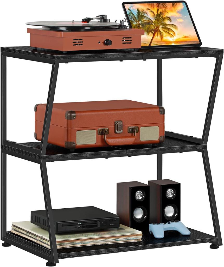 3-Tier Rustic Media Stand | Corner AV Cabinet W/ Storage Shelves | for Stereo/Game Consoles/DVD/Record Player | Brown