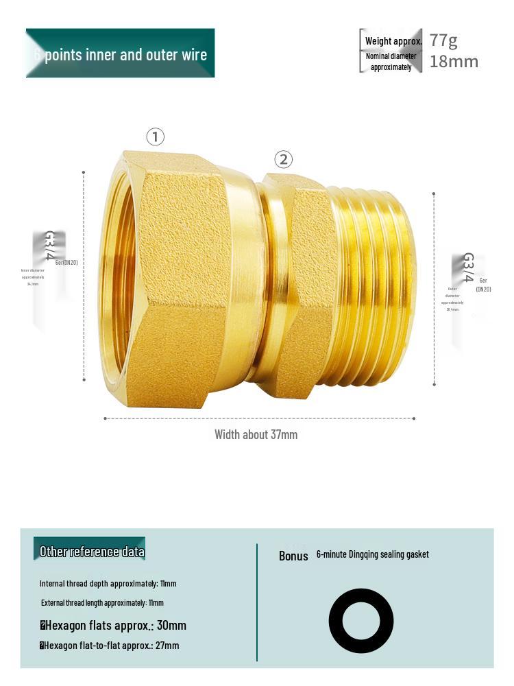 Reducing Copper Pipe Connector: Male/Female Threaded Union, 4 Points to 6 Points, 1 Inch