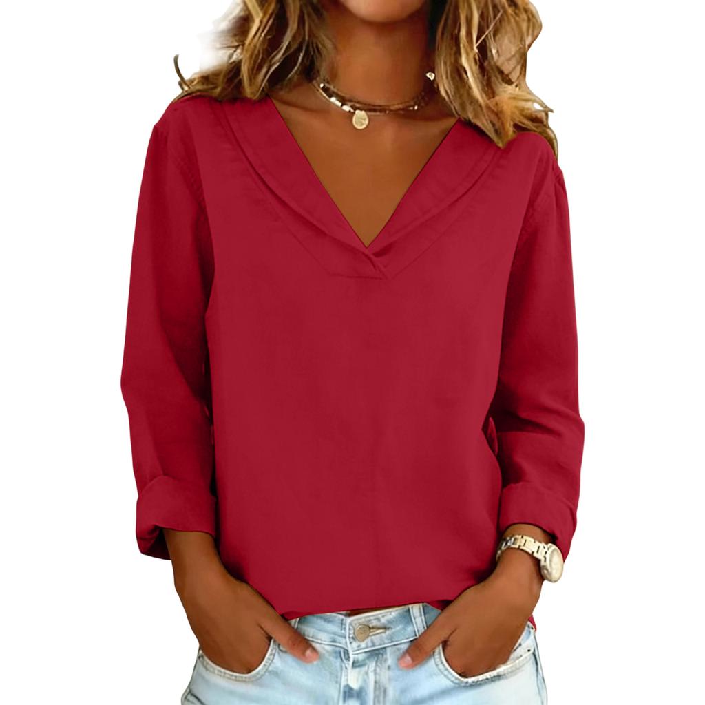 Women's Color Casual Loose V-neck Long Sleeved Split Cotton And Linen Top