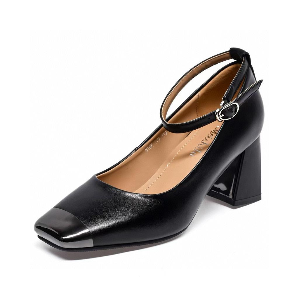 High Heels Women's Spring New One-word Buckle Shallow Mouth Single Shoes Iron Bag Head Square Head Women's Shoes Mary Jane Shoes