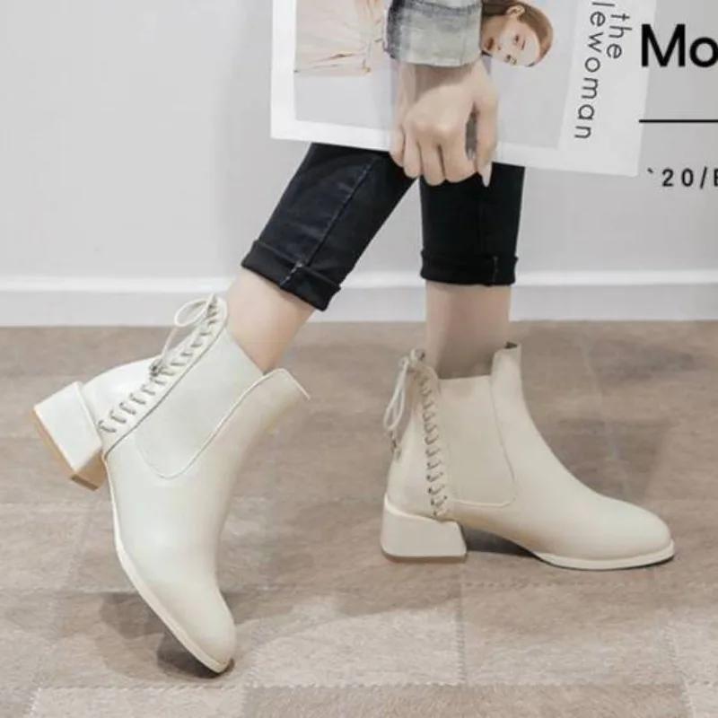 Fashion Short Shoes for Women Punk Style Booties with Laces Female Ankle Boots Elegant Medium Heels Footwear Lace-up Chelsea Combat Boot