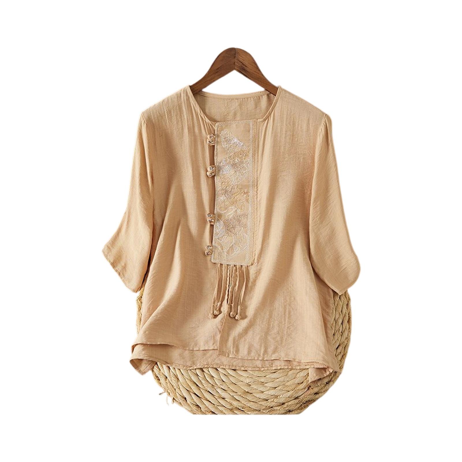 

Fashionable Women s Cotton And Linen Short-sleeved Pullover Top With Embroidery, , Loose Fit, Slimming, Versatile Cotton And Linen T-shirt. L хакі