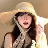 French Streamer Lafite Straw Hat Women's Summer Seaside Beach Vacation Sun Hat Large Brim Straw Shading Sun Protection Hat