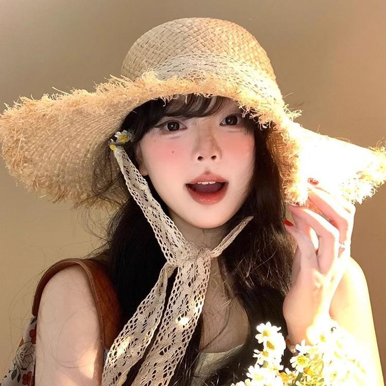 French Streamer Lafite Straw Hat Women's Summer Seaside Beach Vacation Sun Hat Large Brim Straw Shading Sun Protection Hat