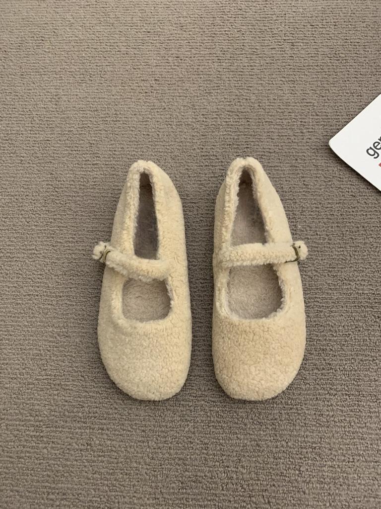 Fashion Fashion Round Toe Wool Ballet Flats Woman Concise Warm Plush Loafers Ladies Brand Design Fluffy Mary Jane Shoes In Red Grey