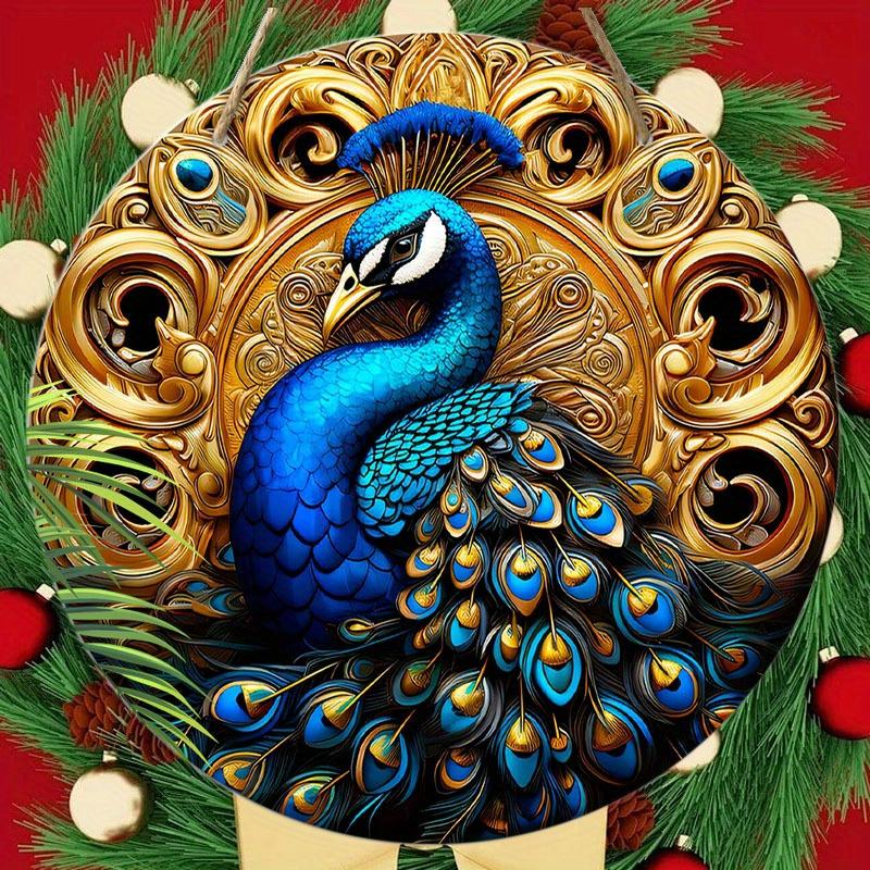 Wooden Diwali Decor Wooden Ornament - Blue Peacock Pattern Gold Background -2D Flat Products-for Door,  Farmhouse, Street, Shop, Garage, Bar,
