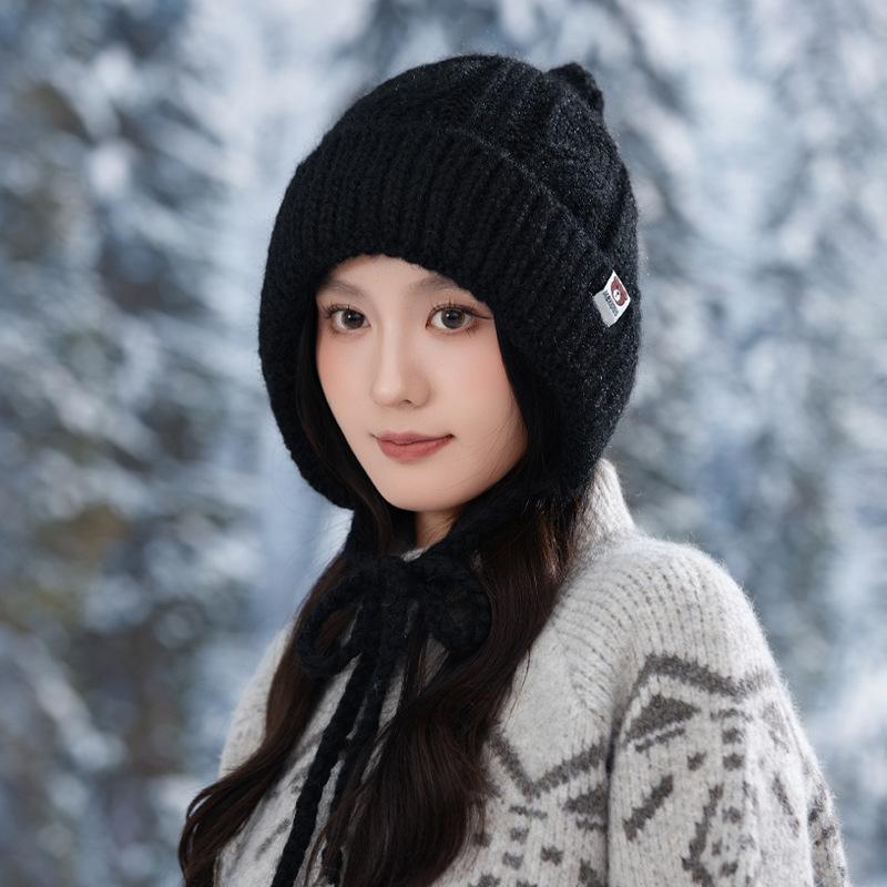 Korean Version of Versatile Bear Patch Strap Wool Hat Autumn and Winter Fashion Retro Pullover Hat Outdoor Casual Warm Hat New