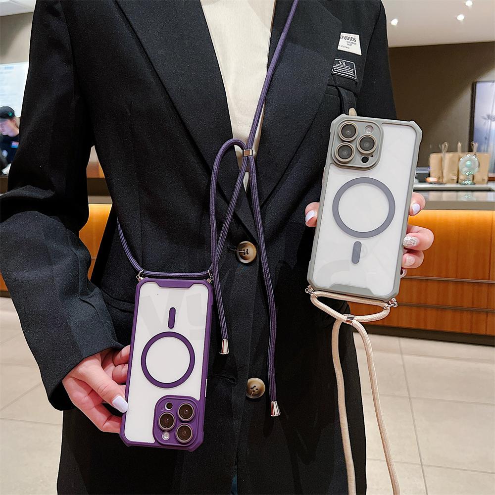 Carcasă de telefon transparentă magnetică cu curea pentru iPhone 15 14 13 12 11 Pro Max Plus pentru Magsafe Crossbody Lanyard Hard Acrylic Cover
