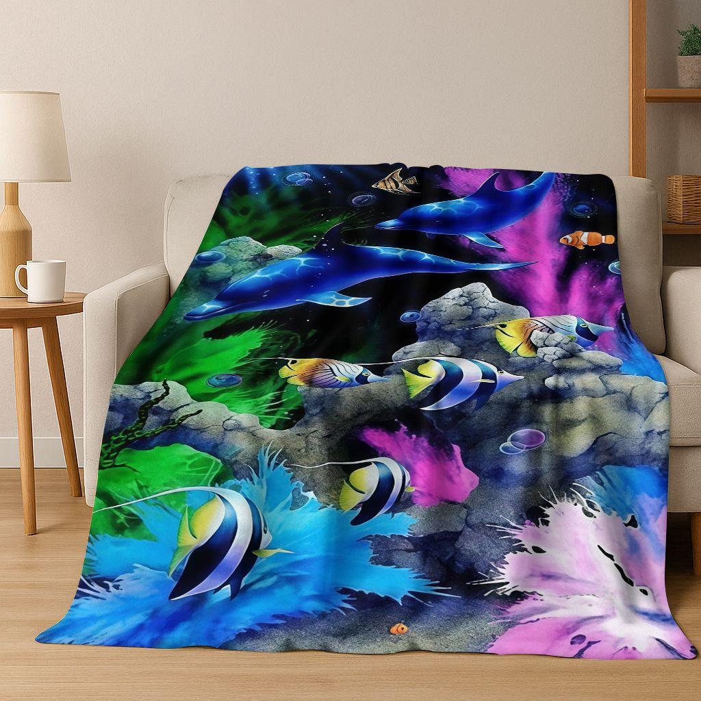 26 Style Underwater World Sea Dolphin Turtle Coral Art Flannel Blanket,Cozy Soft Throw Blanket for Home Bedroom Bed Sofa Kids
