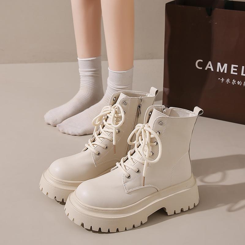 Mode Schwarze PU-Leder Plateau-Stiefeletten Damenmode Rutschfeste Plateau-Kampfstiefel Frau Dicke Sohle Reißverschluss Schnürung Botas Mujer