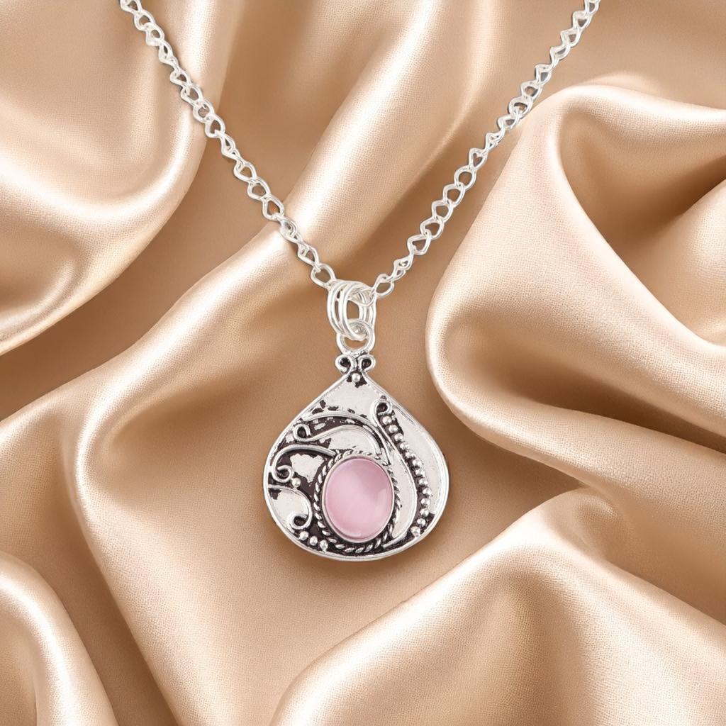 Pink Cat's Eye Gemstone 925 Sterling Silver Jewelry Handmade Women Pendant 1.45" PP-27-40