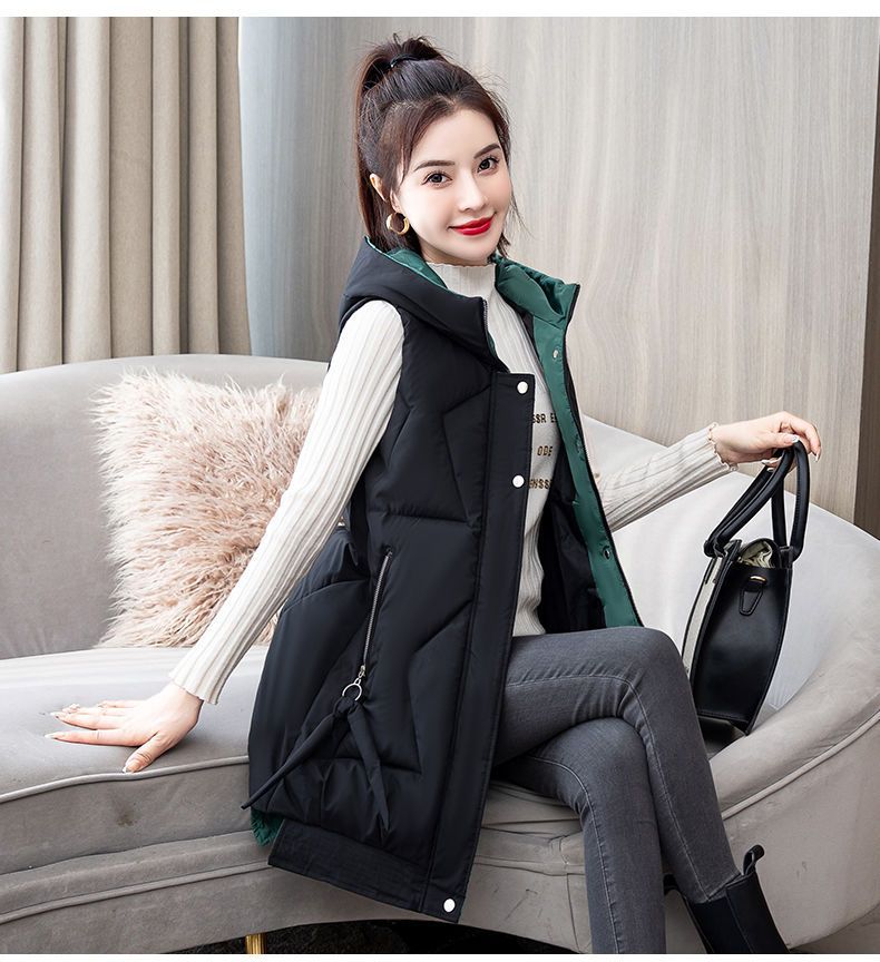 Autumn and Winter Women's Solid Color Hooded Warm and Windproof Mid-length Women's Sleeveless Jacket 9 Colors