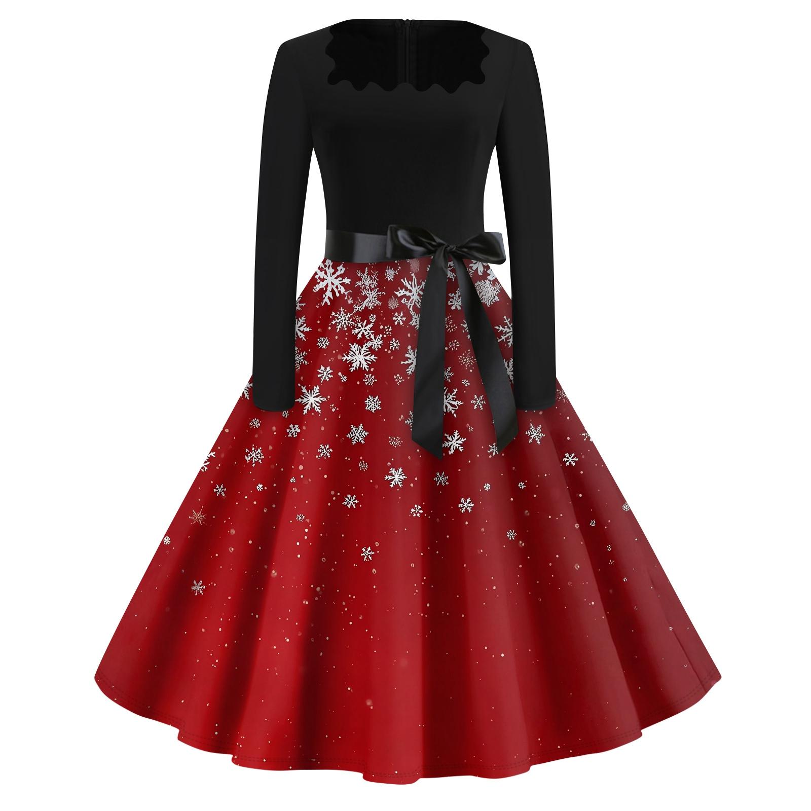 

Рождественский принт расклешенное платье для женщин платье с длинным рукавом ажурное вечернее повседневное платье с квадратным воротником S киноварь