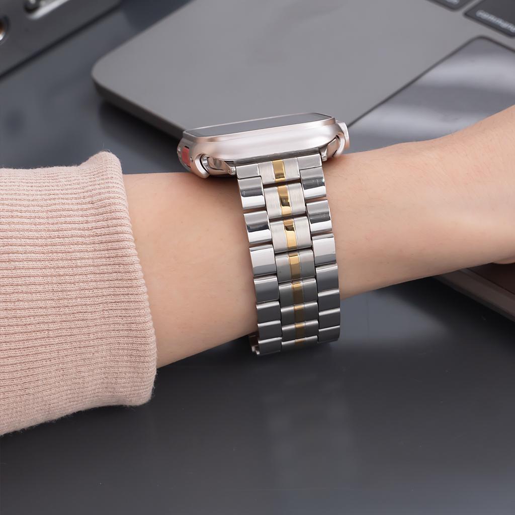 Compatible with Apple Watch Series 9/8/SE, three-bead stainless steel metal watch strap, Huawei GT4/5 watch band