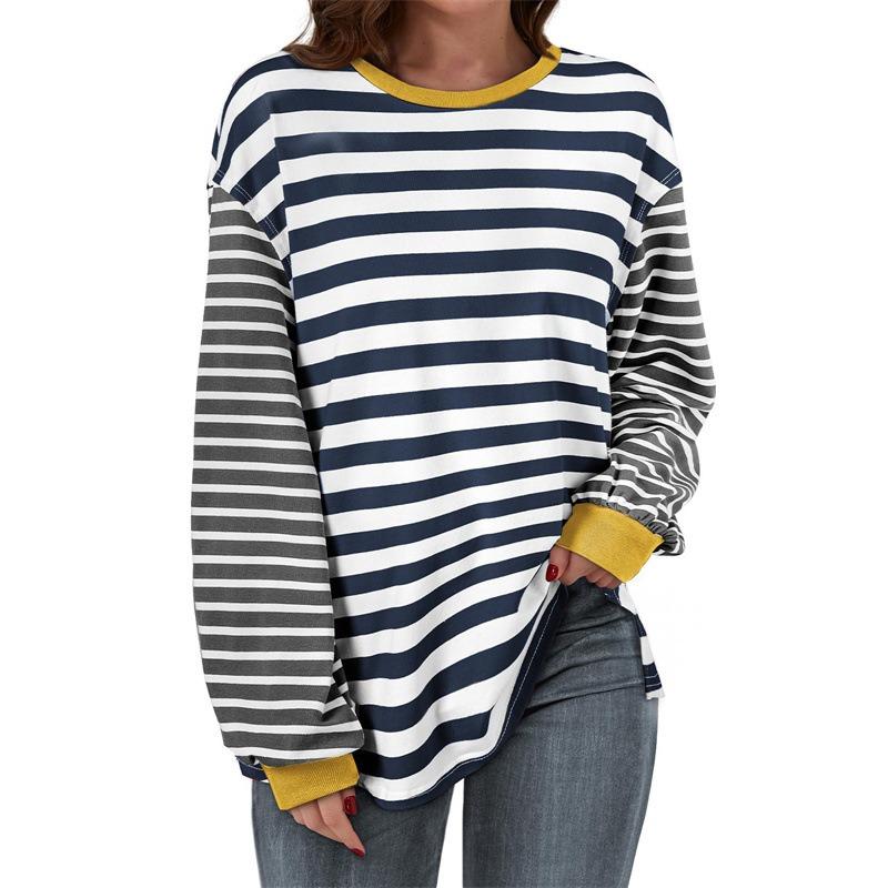 

Футболка больших размеров для женщин весна-осень, новая свободная повседневная в полоску с круглым вырезом и длинным рукавом XXL
