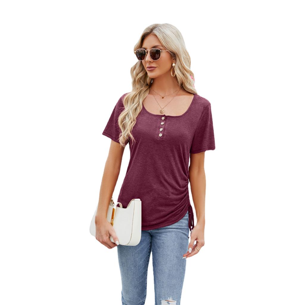 Letní dámské tričko Knoflíček U Neck Volný Stahovací Top Krátký rukáv
