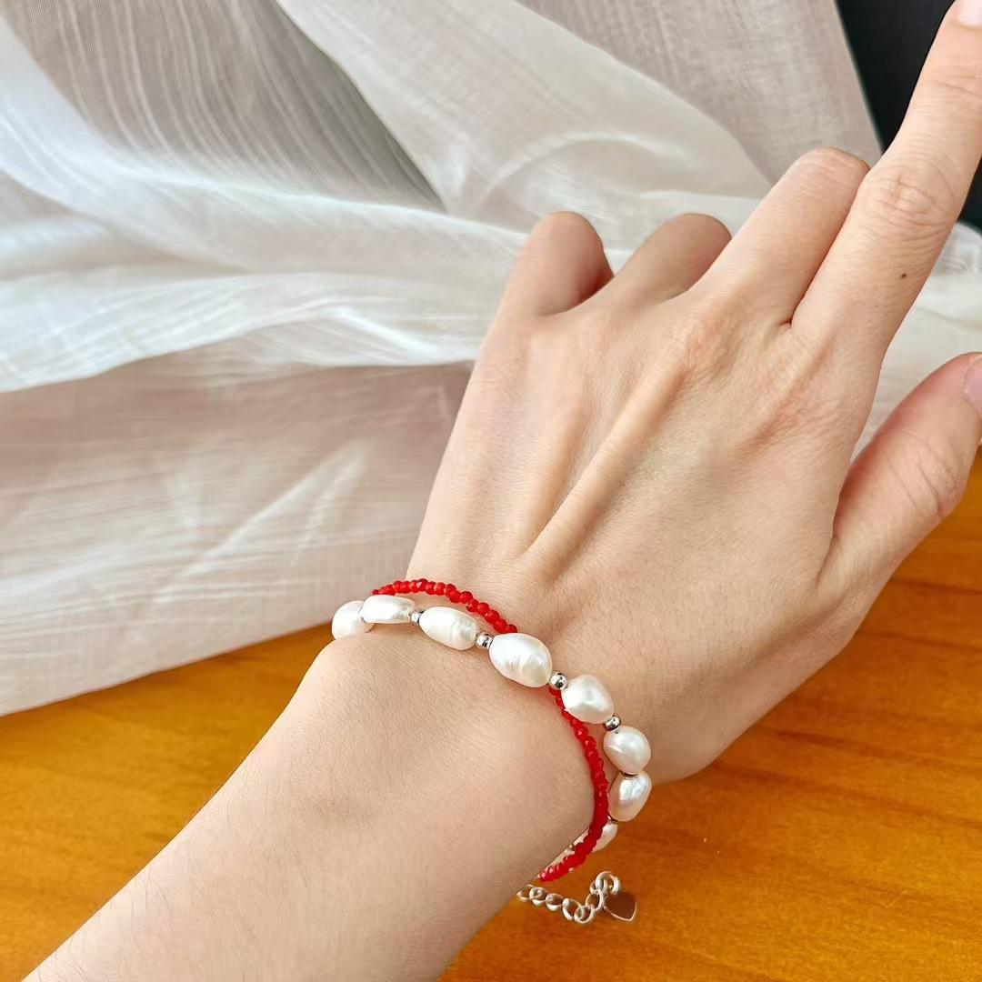 Vintage Natural Freshwater Baroque Pearl Artificial Pigeon Blood Red Ruby Bracelet Bracelet
