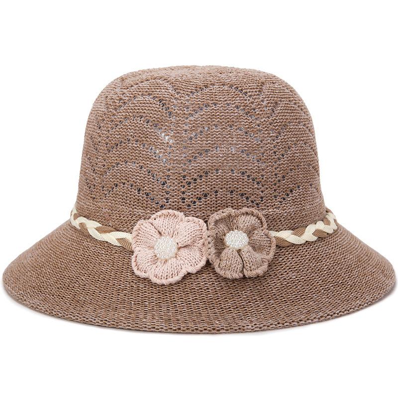 Openwork breathable women's bucket hat casual sun hat middle-aged and elderly pearl flower fashion hat