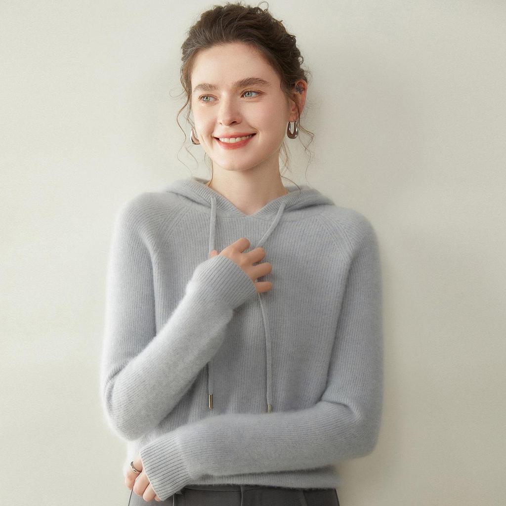Women's Cashmere Hooded Ribbed Pullover - Autumn/Winter Fashion Knitwear