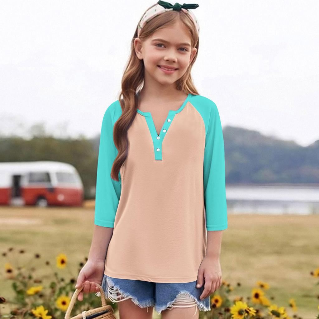 Print Tops For Youth Girls Round Neck 3/4 Sleeves T-Shirts Trendy Tops Outfit Tees