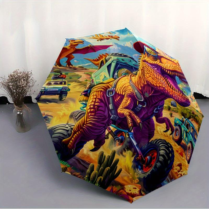 1pc Dinosaur Race Prehistoric Speedsters Pattern Automatic Folding Umbrella - Portable Foldable Travel Umbrella with 8-Rib Dur